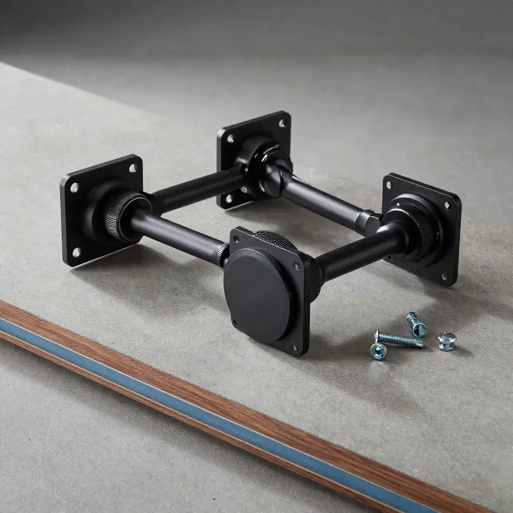 Overhead flatlay of speaker wall mounts, swivel heads, pads and fasteners on concrete