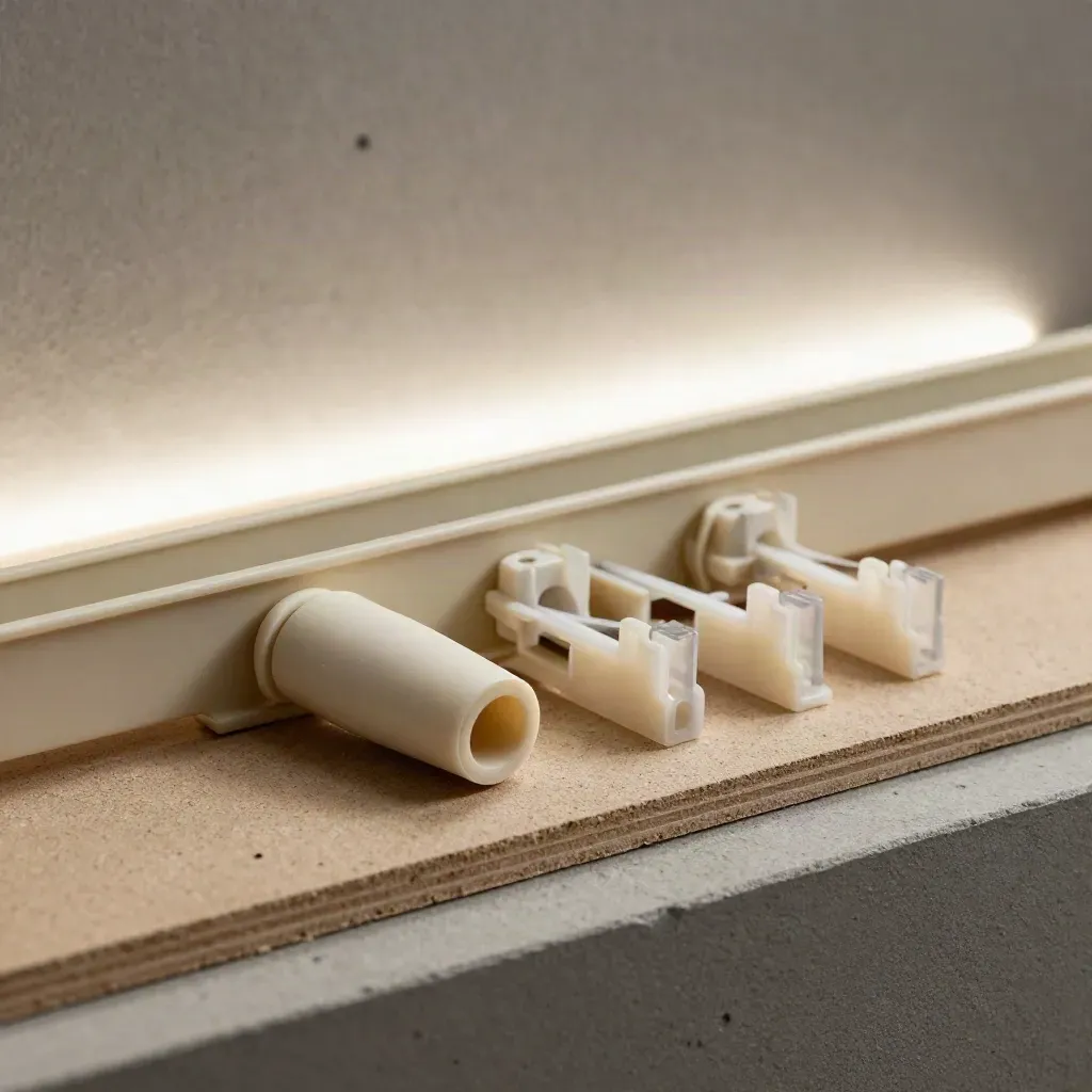 Cable management kit parts arranged diagonally on a dusty khaki work surface.