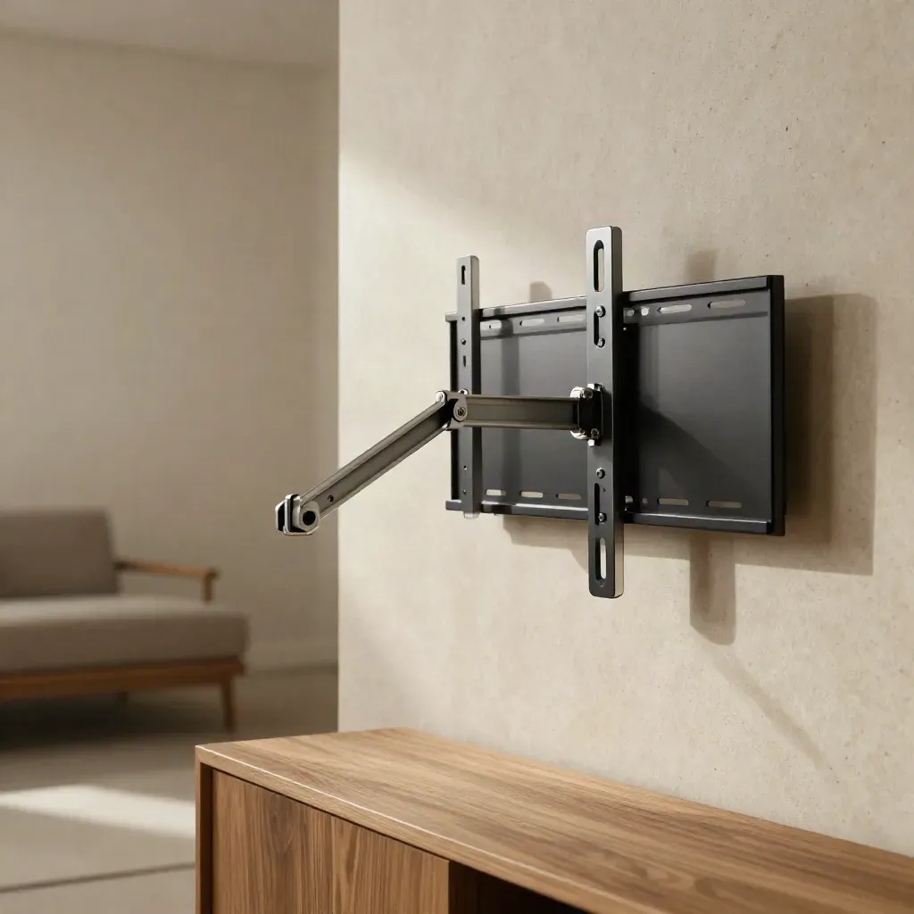 Articulating TV bracket extended on a travertine media wall beside a dark screen
