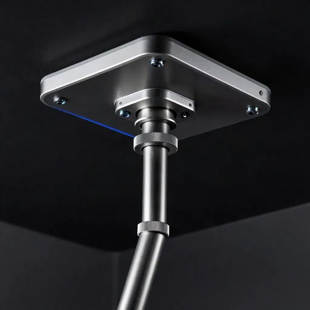 Projector ceiling mount in brushed steel rising diagonally on a dark studio plinth