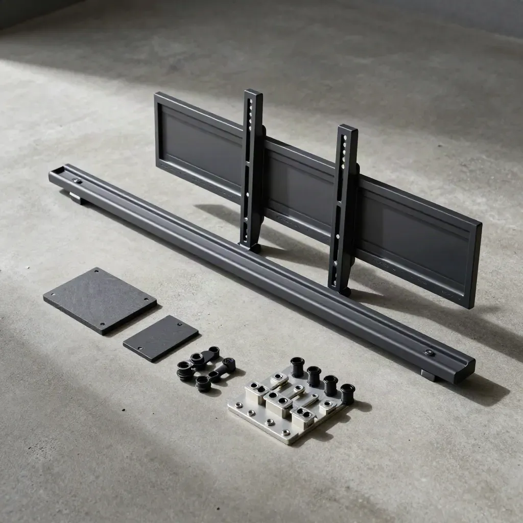 Overhead flatlay of a tilt TV wall mount, rails, wall plate and hardware on charcoal concrete.