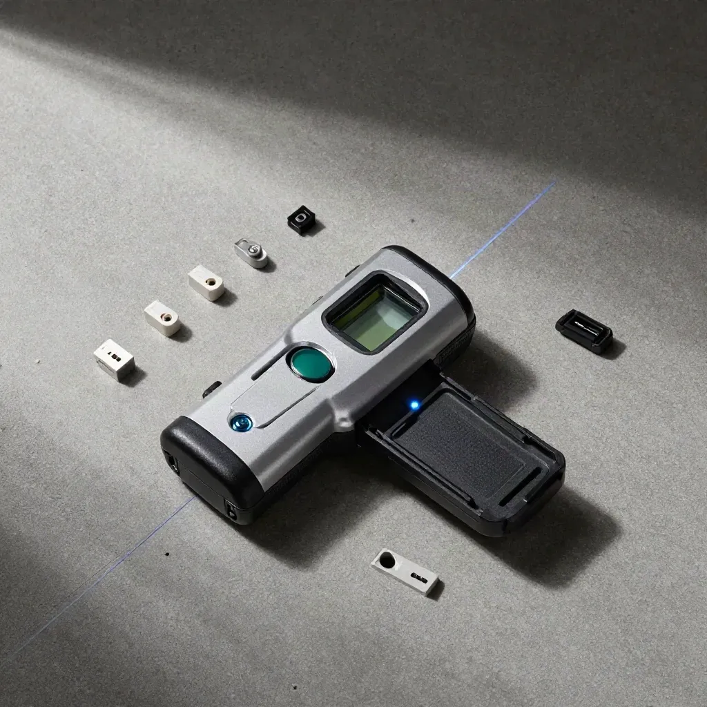 Top-down stud finder with open battery door, laser level, and accessories on concrete.